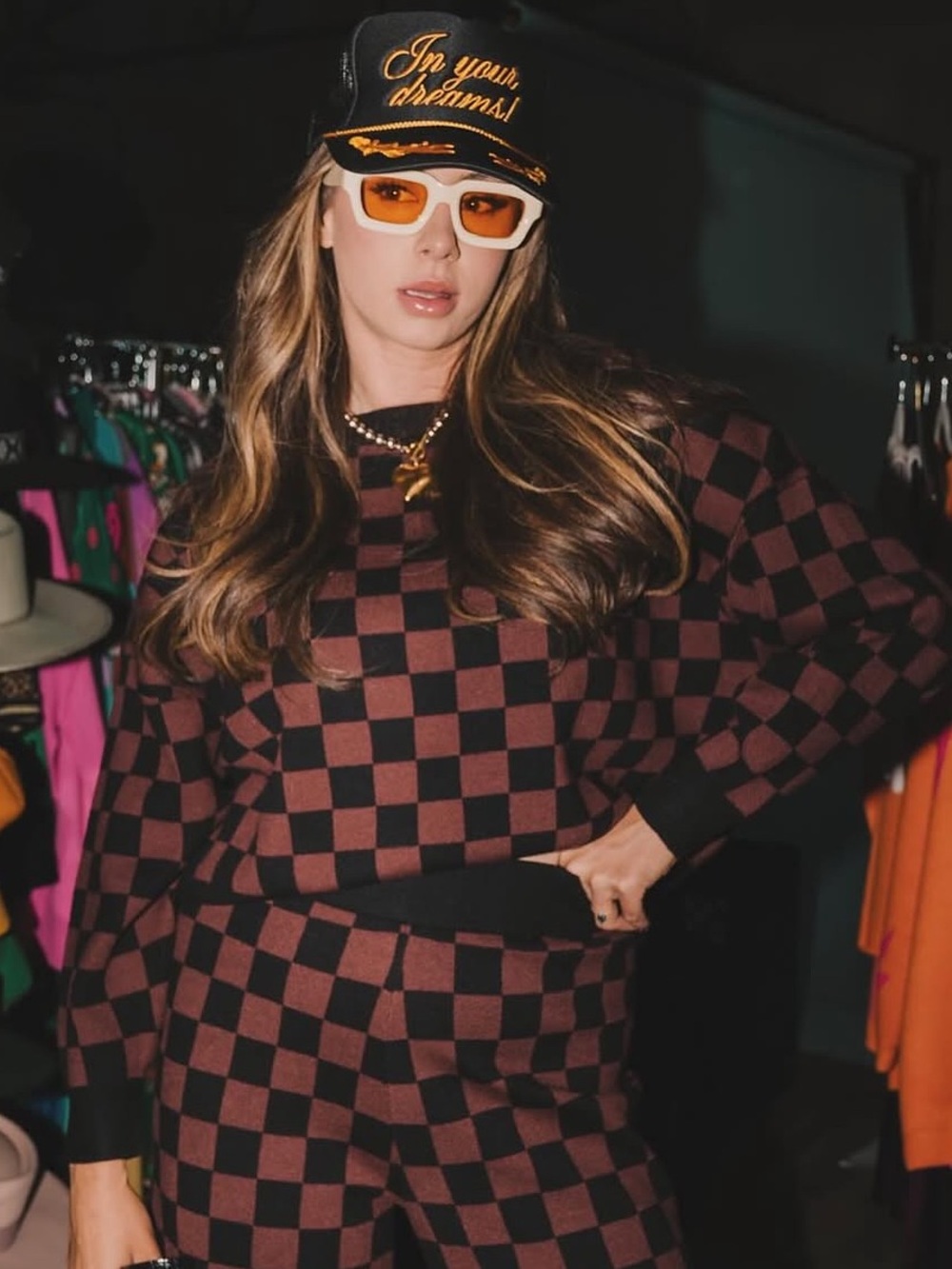 Dressed in Lala Checkered Black and Brown Sweater